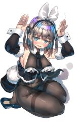 Rule 34 | 1girl, absurdres, animal ears, armpits, arms up, black bow, black hairband, black leotard, black necktie, black pantyhose, blue eyes, blue footwear, blush, bow, breasts, collar, collarbone, covered collarbone, detached sleeves, embarrassed, fake animal ears, fluff, fluffy, frilled leotard, frills, full body, hair between eyes, hair bow, hairband, high heels, highleg, highleg leotard, highres, leotard, looking at viewer, medium breasts, medium hair, necktie, nose blush, original, pantyhose, rabbit ears, rabbit tail, ranf, seiza, sideboob, simple background, sitting, solo, strapless, strapless leotard, sweatdrop, tail, thighband pantyhose, thighs, twintails, white background, wrist cuffs
