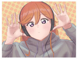 Rule 34 | 1girl, absurdres, against glass, blush, border, closed mouth, commentary, english commentary, gomadare4869, grey hoodie, hair between eyes, headphones, highres, hood, hoodie, long sleeves, looking at viewer, love live!, love live! superstar!!, medium hair, orange hair, polka dot, polka dot background, purple eyes, shibuya kanon, solo, upper body, white border