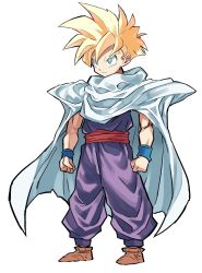 Rule 34 | 1boy, angry, armor, belt, blonde hair, bright pupils, brown footwear, cape, clenched hands, closed mouth, dragon ball, dragonball z, highres, hyou (hyouga617), male focus, muscular, muscular male, pauldrons, shirt tucked in, shoulder armor, simple background, solo, son gohan, spiked hair, standing, super saiyan, super saiyan 1, white background, white cape, white pupils, wristband