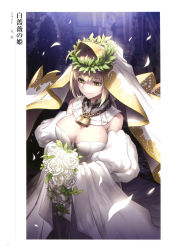 Rule 34 | 1girl, absurdres, artist name, blonde hair, bouquet, breasts, bridal veil, chain, cleavage, closed mouth, cowboy shot, craft essence (fate), detached collar, detached sleeves, fate/grand order, fate (series), flower, green eyes, highres, holding, holding bouquet, kunieda, large breasts, lock, looking away, nero claudius (bride) (fate), nero claudius (bride) (third ascension) (fate), nero claudius (fate), nero claudius (fate) (all), padlock, padlocked collar, page number, petals, puffy sleeves, rose, scan, short hair, simple background, smile, solo, veil, white flower, white rose, white sleeves, zipper