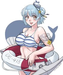 Rule 34 | 1girl, absurdres, aged up, bikini, black ribbon, blue hair, breasts, collarbone, commentary request, cowboy shot, dated, dixie cup hat, double bun, hair bun, hat, highres, inflatable armbands, innertube, kantai collection, large breasts, military hat, navel, navy cross, ribbon, samuel b. roberts (kancolle), short hair, simple background, solo, sozan, striped bikini, striped clothes, swim ring, swimsuit, twitter username, whale, white background, white hat, yellow eyes