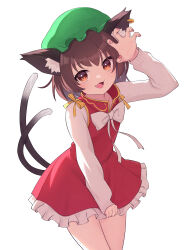 1girl :3 absurdres animal_ear_fluff animal_ear_piercing animal_ears arm_up bow bowtie brown_eyes brown_hair cat_ears cat_tail chen claw_pose commentary_request cowboy_shot dress earrings fang frilled_dress frills gold_earrings green_hat hat highres jewelry long_sleeves looking_at_viewer mob_cap multiple_tails oeyama open_mouth partial_commentary pink_nails red_dress ribbon short_hair simple_background single_earring skin_fang solo standing tail touhou white_background white_bow white_bowtie yellow_ribbon