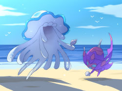 Rule 34 | banned artist, cloud, commentary request, creatures (company), day, forgotten artist, game freak, gen 7 pokemon, holding, nihilego, nintendo, no humans, outdoors, poipole, pokemon, pokemon (creature), sand, seashell, shell, shore, sky, ultra beast, water