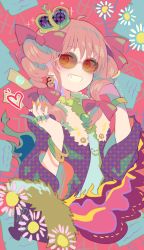 Rule 34 | 1girl, bad id, bad pixiv id, blue dress, blush, bow, bracelet, brown-tinted eyewear, cropped torso, crown, dangle earrings, dollar sign, dress, drill hair, earrings, flower, grin, hair bow, hand fan, hand up, heart, jacket, jewelry, long hair, looking at viewer, low-tied long hair, mini crown, money, nail polish, name connection, object namesake, orange-tinted eyewear, orange-tinted glasses, pendant, pink background, print jacket, purple jacket, red bow, ring, smile, solo, sparkle, sunglasses, tinted eyewear, to-den (v-rinmiku), touhou, translation request, twin drills, unmoving pattern, upper body, yellow nails, yorigami jo&#039;on