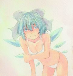 Rule 34 | 1girl, bikini, blue eyes, blue hair, bow, breasts squeezed together, breasts, cirno, cleavage, collarbone, cowboy shot, hair bow, hand on own arm, ice, ice wings, leaning forward, light smile, looking at viewer, matching hair/eyes, painting (medium), pink background, short hair, solo, swimsuit, touhou, traditional media, watercolor (medium), white bikini, wings, yuyu (00365676)