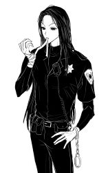 Rule 34 | &lt;o&gt; &lt;o&gt;, 1boy, 20230501 hxh, bandaged hand, bandages, black eyes, black hair, bug, cowboy shot, cuffs, expressionless, female service cap, hand on own hip, handcuffs, highres, hunter x hunter, illumi zoldyck, layered sleeves, long hair, long sleeves, male focus, police, police badge, police uniform, policeman, short over long sleeves, short sleeves, simple background, spider, uniform, white background