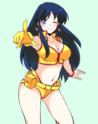 Rule 34 | 1girl, aqua background, belly, blue eyes, blue hair, blush, bracelet, breasts, cleavage, dirty pair, earrings, female focus, gloves, jewelry, large breasts, long hair, looking at viewer, matching hair/eyes, midriff, navel, one eye closed, pointing, pointing at viewer, simple background, single glove, smile, solo, thighs, yellow gloves, yoshii yumi, yuri (dirty pair)