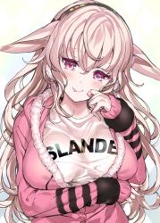 Rule 34 | 1girl, blush, brown hair, character request, closed mouth, clothes writing, copyright request, english text, hairband, highres, hood, hoodie, long hair, long sleeves, looking at viewer, manatsu no yo no inmu, mutsutake, pink hoodie, shirt, sleeves past wrists, smile, solo, thick eyebrows, tongue, tongue out, upper body, very long hair, virtual youtuber, wavy hair, white shirt