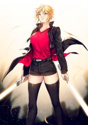 Rule 34 | 1girl, arms at sides, belt, black jacket, black shorts, black thighhighs, blonde hair, breasts, dual wielding, feet out of frame, genderswap, genderswap (mtf), holding, holding sword, holding weapon, izumi kouhei, jacket, large breasts, long sleeves, looking at viewer, open clothes, open jacket, parted lips, pepper fever, red shirt, severed hair, shirt, short hair, shorts, solo, standing, sword, thighhighs, weapon, white background, world trigger, yellow eyes