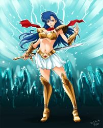 Rule 34 | 1girl, armor, asou yuuko, bikini armor, blue eyes, blue hair, boots, breasts, cleavage, commentary request, gem, gold, gold armor, high heel boots, high heels, holding, holding sword, holding weapon, long hair, looking at viewer, medium breasts, metal, midriff, miniskirt, mugen senshi valis, navel, red scarf, scarf, shoulder pads, skirt, standing, stomach, sword, taka (jungle web!), valis, vambraces, warrior, weapon, white skirt
