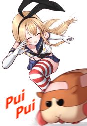 Rule 34 | 1girl, animal, black eyes, black neckerchief, blonde hair, blue sailor collar, blue skirt, closed eyes, crossover, elbow gloves, gloves, guinea pig, hairband, highleg, highleg panties, highres, kantai collection, long hair, miniskirt, molcar, neckerchief, open mouth, panties, pleated skirt, pui pui molcar, racing, running, sailor collar, shimakaze (kancolle), simple background, skirt, striped clothes, striped thighhighs, thighhighs, tiemu (man190), underwear, white background, white gloves