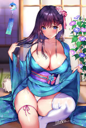 Rule 34 | 1girl, artist name, bare shoulders, blue eyes, blue kimono, breasts, cleavage, closed mouth, collarbone, commentary request, flower, hair flower, hair ornament, hair ribbon, highres, indoors, japanese clothes, kimono, long hair, looking at viewer, mataro (matarou), obi, off shoulder, original, panties, pink ribbon, purple hair, ribbon, sash, single thighhigh, smile, solo, thighhighs, underwear, white panties, white thighhighs, yukata