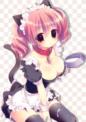 Rule 34 | 10s, 1girl, amanagi seiji, animal collar, animal ears, apron, bad id, bad pixiv id, between breasts, black thighhighs, breasts, cat ears, cat tail, chain, checkered background, cleavage, collar, holding, inu x boku ss, large breasts, maid, maid apron, maid headdress, milk, pink eyes, pink hair, roromiya karuta, short hair, sitting, solo, tail, thighhighs, twintails, waist apron, wrist cuffs