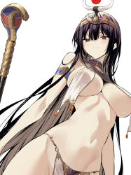 Rule 34 | 1girl, armlet, bare shoulders, black hair, blush, breast curtains, breasts, closed mouth, covered erect nipples, egyptian clothes, haite kudasai takamine-san, hiiragi yuuichi, large breasts, long hair, looking at viewer, navel, red eyes, simple background, smile, solo, stomach, takamine takane, white background