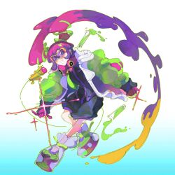 Rule 34 | 1girl, black jumpsuit, blonde hair, blue eyes, coat, creatures (company), flask, full body, game freak, gloves, goggles, gradient background, green sleeves, grin, hatsune miku, highres, huihuimo, jumpsuit, long hair, long sleeves, looking at viewer, multicolored coat, multicolored hair, nintendo, open clothes, open coat, open mouth, pink gloves, pink hair, platform footwear, poison miku (project voltage), pokemon, project voltage, purple hair, short jumpsuit, smile, solo, sparkle, standing, twintails, very long hair, vocaloid