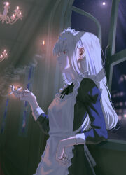 1girl :| absurdres apron black_dress black_nails black_ribbon chandelier chromatic_aberration cigarette closed_mouth commentary dress expressionless film_grain frilled_apron frills full_moon hallway highres holding holding_cigarette indoors kyano_(kyanora3141) leaning light_particles long_hair long_sleeves maid maid_apron maid_headdress moon nail_polish neck_ribbon night original red_eyes ribbon smoke smoke_trail smoking white_apron white_hair window wrist_cuffs