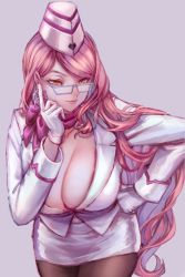 Rule 34 | 1girl, breasts, choker, cleavage, commentary request, earrings, eyewear strap, fate/grand order, fate (series), formal, glasses, gloves, grey background, hand on own hip, hat, jewelry, koyanskaya (fate), koyanskaya (foreigner) (first ascension) (fate), large breasts, leaning forward, long hair, looking at viewer, magenta background, pantyhose, pink hair, ribbon, ribbon choker, sleeve cuffs, smile, solo, sugar octupus, suit, tamamo (fate), very long hair, white gloves, yellow eyes