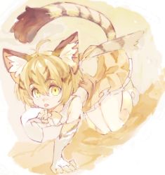 Rule 34 | 10s, 1girl, all fours, animal ears, back bow, bare shoulders, blonde hair, bow, cat ears, cat tail, commentary request, elbow gloves, frilled skirt, frills, gloves, kemono friends, konabetate, licking, licking finger, multicolored hair, sand cat (kemono friends), short hair, skirt, solo, tail, thighhighs, vest, yellow eyes
