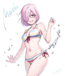 Rule 34 | 1girl, bare shoulders, bikini, blush, breasts, character name, cleavage, fate/grand order, fate (series), glasses, hair over one eye, light purple hair, looking at viewer, mash kyrielight, mash kyrielight (swimsuit of perpetual summer ver.02), medium breasts, multicolored stripes, navel, official alternate costume, open mouth, purple eyes, rainbow bikini, sasuga kei, short hair, side-tie bikini bottom, simple background, smile, solo, striped bikini, striped clothes, swimsuit, thighs, water, white background