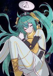 1girl absurdres alternate_costume aqua_hair boots closed_eyes closed_mouth dress grey_dress grey_pantyhose hatsune_miku highres long_hair noir_(noire6959) pantyhose satellite_dish short_dress solo space twintails very_long_hair vocaloid yellow_footwear