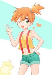 Rule 34 | 1girl, bare shoulders, blue background, blue shorts, blush, breasts, collarbone, creatures (company), crop top, female focus, game freak, gen 1 pokemon, green eyes, hair between eyes, hair tie, hand on own hip, hand up, heart, highres, jpeg artifacts, kouzuki (reshika213), legs apart, looking to the side, midriff, misty (pokemon), navel, nintendo, one eye closed, open mouth, orange hair, pokemon, pokemon (anime), pokemon (classic anime), pokemon (creature), pokemon rgby, psyduck, shirt, short hair, short shorts, shorts, side ponytail, simple background, sleeveless, sleeveless shirt, small breasts, smile, solo, standing, stomach, suspenders, teeth, two-tone background, w, white background, wink, yellow shirt