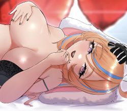 Rule 34 | 1girl, animal ears, balloon, black bra, black nails, blue hair, blurry, blurry background, blush, bonnie (bunny gif), bra, breasts, bunny ayumi (vtuber), cleavage, hachi (888hachi), heart balloon, highres, indie virtual youtuber, lace, lace-trimmed bra, lace trim, lying, multicolored hair, nail polish, off shoulder, on side, orange hair, pink eyes, rabbit ears, shiny skin, solo, streaked hair, two-tone hair, underwear, upper body, virtual youtuber, ||/