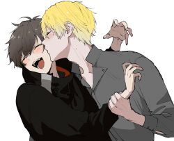 Rule 34 | 2boys, :d, ^ ^, alban knox, black jacket, blonde hair, blush, brown hair, closed eyes, collared shirt, commentary, drawstring, dress shirt, english commentary, fangs, grey shirt, hair between eyes, hands up, highres, holding another&#039;s wrist, jacket, kiss, kissing cheek, laughing, long sleeves, male focus, mole, mole on neck, multiple boys, nijisanji, nijisanji en, open mouth, roro (roro32b), shirt, short hair, simple background, smile, sonny brisko, teeth, tongue, upper body, virtual youtuber, white background, yaoi