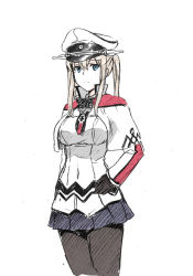 Rule 34 | 10s, 1girl, anchor, black gloves, black necktie, black pantyhose, black ribbon, blonde hair, blue eyes, blue skirt, breasts, capelet, covered navel, cowboy shot, cross, expressionless, eyebrows, female focus, gloves, graf zeppelin (kancolle), hair between eyes, hand on own hip, hat, henshako, iron cross, kantai collection, large breasts, long sleeves, looking at viewer, military, military uniform, miniskirt, necktie, pantyhose, peaked cap, pleated skirt, ribbon, short hair with long locks, sidelocks, simple background, skirt, solo, standing, twintails, uniform, white background