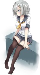 Rule 34 | 10s, 1girl, bad id, bad twitter id, black pantyhose, black skirt, blue eyes, blush, buttons, clothes pull, collarbone, full body, grey hair, hair ornament, hair over one eye, hairclip, hamakaze (kancolle), kantai collection, looking to the side, miniskirt, neckerchief, pantyhose, pantyhose pull, ribbon, sailor collar, school uniform, serafuku, shirt, short hair, short sleeves, simple background, sitting, skirt, solo, thighs, tokoi, undressing, white background, white shirt, yellow neckerchief, yellow ribbon