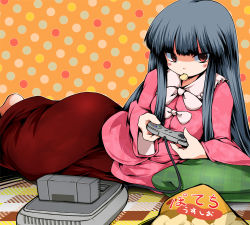 Rule 34 | 1girl, bad id, bad pixiv id, black hair, brown eyes, chips (food), food, game console, hime cut, houraisan kaguya, long hair, lying, mouth hold, on side, pillow, potato chips, solo, super famicom, suzu (suzuko), touhou