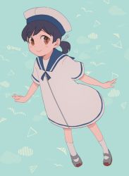 Rule 34 | 1girl, 8ne (nitika127), black hair, blue background, brown eyes, dress, full body, hat, hiburi (kancolle), kantai collection, looking at viewer, low ponytail, outstretched arms, sailor collar, sailor dress, sailor hat, shoes, short hair, short sleeves, smile, socks, solo, uwabaki, white dress, white socks