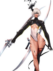 Rule 34 | 1girl, alternate costume, android, arms at sides, black thighhighs, breasts, breasts apart, contrapposto, cowboy shot, cropped jacket, darkness, demon hunter (world of warcraft), dirty, groin, hair over eyes, highleg, highleg leotard, highres, hip focus, horns, huge weapon, joints, legs together, leotard, lips, lipstick, long sleeves, looking at viewer, makeup, mechanical arms, mole, mole under mouth, mulin, nier:automata, nier (series), nose, red lips, robot joints, short hair, silver hair, simple background, single horn, single mechanical arm, single thighhigh, small breasts, standing, sword, thighhighs, turtleneck, underboob, warcraft, weapon, weapon on back, white background, white leotard, world of warcraft, 2b (nier:automata)