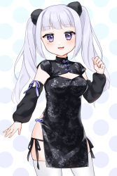 Rule 34 | 1girl, :3, absurdres, animal ears, bear ears, blush, china dress, chinese clothes, cleavage cutout, clothing cutout, detached sleeves, dress, highres, kawagami raito, long hair, long sleeves, looking at viewer, mole, mole under eye, open mouth, original, panty straps, purple eyes, side slit, smile, solo, thighhighs, twintails, white hair