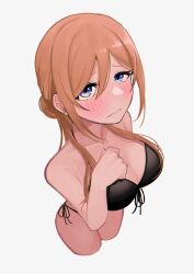 Rule 34 | 1girl, absurdres, alternate costume, bikini, black bikini, blue eyes, blush, breasts, brown hair, cleavage, collarbone, commentary request, cropped legs, double-parted bangs, front-tie bikini top, front-tie top, gakuen idolmaster, hair between eyes, hand on own chest, highres, himesaki rinami, idolmaster, large breasts, long hair, looking up, side-tie bikini bottom, simple background, solo, swimsuit, tk nomanomayei, white background