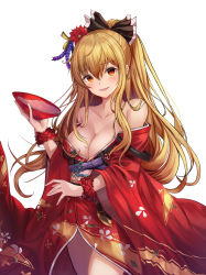 Rule 34 | 1girl, alcohol, bare shoulders, blonde hair, bow, breasts, brown eyes, cleavage, collarbone, commentary, cup, english commentary, flower, granblue fantasy, hair bow, hair flower, hair ornament, highres, japanese clothes, kimono, large breasts, long hair, looking at viewer, off shoulder, ponytail, runa (user guwn7382), sakazuki, sake, solo, vira (granblue fantasy), white background, yukata