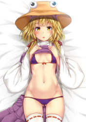 Rule 34 | 1girl, bed sheet, bikini, blonde hair, blush, breasts, brown hat, cameltoe, commentary request, covered erect nipples, cowboy shot, ebi 193, front-tie bikini top, front-tie top, gluteal fold, groin, hair ribbon, hands up, hat, lifting own clothes, long sleeves, looking at viewer, lying, moriya suwako, navel, on back, open mouth, purple bikini, purple skirt, purple vest, red ribbon, ribbon, ribbon-trimmed legwear, ribbon trim, shiny skin, short hair, sidelocks, skirt, small breasts, solo, stomach, swimsuit, thighhighs, thighs, touhou, unworn skirt, vest, vest lift, white thighhighs, wide sleeves, yellow eyes