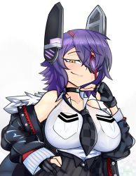 Rule 34 | 1girl, black gloves, blush, breasts, choker, closed mouth, collarbone, eyepatch, fingerless gloves, gloves, hair ornament, half-closed eyes, highres, jacket, joeydrawss, kantai collection, large breasts, looking at viewer, off shoulder, purple hair, short hair, simple background, smile, smug, solo, tenryuu (kancolle), upper body, white background, yellow eyes