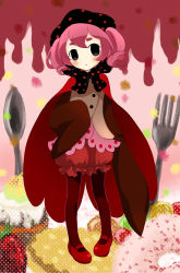 Rule 34 | 10s, black eyes, blush stickers, cape, charlotte (madoka magica), doughnut, food, fork, frown, fruit, highres, kanzou, mahou shoujo madoka magica, mahou shoujo madoka magica (anime), mary janes, pantyhose, personification, pink hair, shoes, short twintails, solo, spoon, strawberry, twintails