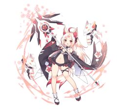 Rule 34 | 1girl, animal ear fluff, animal ears, artery gear, artery gear: fusion, artist request, bare legs, black gloves, blonde hair, detached sleeves, fingerless gloves, flower tattoo, forehead tattoo, fox ears, gloves, highres, holding, holding staff, komachi (artery gear), long hair, long sleeves, midriff, multicolored hair, navel, official art, red hair, short eyebrows, socks, staff, streaked hair, tail, tattoo, thick eyebrows, third-party source, transparent background, white socks, wide sleeves