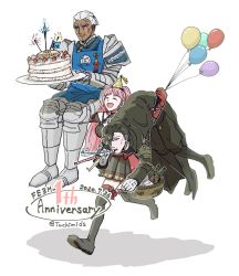 Rule 34 | 1girl, 2boys, anniversary, apron, armor, balloon, black hair, cake, closed mouth, copyright name, dark skin, dark-skinned male, dated, dedue molinaro, dress, closed eyes, fire emblem, fire emblem: three houses, food, gloves, grey hair, hair over one eye, hat, highres, hilda valentine goneril, holding, holding plate, hubert von vestra, long hair, long sleeves, multiple boys, nintendo, open mouth, party hat, party whistle, pink hair, plate, ponytail, red gloves, short hair, simple background, smile, tuchimids, twitter username, white background, white gloves