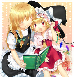 Rule 34 | 2girls, ascot, bad id, bad pixiv id, blonde hair, borrowed clothes, braid, closed eyes, fang, female focus, flandre scarlet, hanabana tsubomi, hand on headwear, hat, unworn hat, unworn headwear, headwear switch, heart, heart-shaped pupils, highres, kirisame marisa, long hair, multiple girls, red eyes, short hair, symbol-shaped pupils, touhou, wings, witch, witch hat