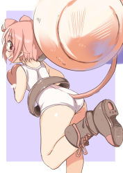 Rule 34 | 1girl, ahoge, animal ears, animal hands, ass, back, blue background, blush, boots, cat ears, cat tail, commentary request, facing away, glasses, gloves, hands up, leotard, looking back, nonohara yuzuko, open mouth, paw gloves, pink eyes, pink hair, short hair, simple background, solo, tail, tatsunokosso, white leotard, yuyushiki