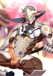 Rule 34 | 1boy, armor, erection, genji (overwatch), gloves, highres, male focus, mask, overwatch, overwatch 1, penis, solo, tagme, testicles