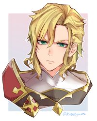 Rule 34 | 1boy, armor, audric, blonde hair, blue eyes, carrot (robosquat), closed mouth, dragalia lost, hair between eyes, looking at viewer, male focus, red armor, serious, short hair, shoulder armor, sidelocks, solo, twitter username, upper body