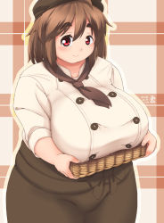 Rule 34 | 1girl, blush, breast rest, breasts, brown hair, eno konoe, fat, hat, huge breasts, large breasts, looking at viewer, mikomu, original, plump, red eyes, short hair, smile, solo, standing, thick eyebrows