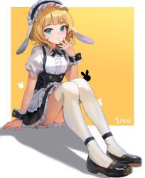Rule 34 | 1girl, animal ears, apron, artist name, ass, black footwear, blonde hair, blouse, blue eyes, blush, breasts, center frills, commentary, dress, fleur de lapin uniform, floppy ears, frilled apron, frilled cuffs, frilled dress, frilled shirt, frills, full body, gochuumon wa usagi desu ka?, green eyes, hand up, highres, kirima syaro, knees up, looking at viewer, maid, maid headdress, puffy short sleeves, puffy sleeves, rabbit ears, shadow, shirt, shoes, short hair, short sleeves, simple background, sitting, sl86, small breasts, smile, solo, thighhighs, underbust, waist apron, white apron, white shirt, white thighhighs, wrist cuffs, yellow background