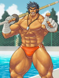 Rule 34 | 1boy, bara, hand wraps, justice gakuen, male focus, muscular, outdoors, pool, poolside, solo, tagme