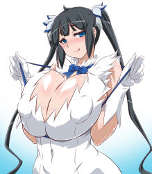 Rule 34 | 10s, 1girl, :q, alternate breast size, black hair, blue background, blue eyes, blush, breasts, covered erect nipples, covered navel, curvy, dungeon ni deai wo motomeru no wa machigatteiru darou ka, gigantic breasts, gradient background, hair ribbon, hestia (danmachi), highres, huge breasts, long hair, looking at viewer, puffy nipples, rei no himo, ribbon, solo, sweat, tongue, tongue out, twintails, very long hair, white background, wide hips, yukimaru (gojo)