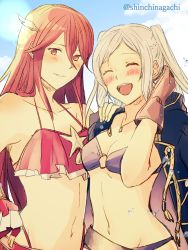 Rule 34 | 2girls, absurdres, bikini, blue sky, blush, breasts, brown gloves, cleavage, closed eyes, cloud, cordelia (fire emblem), cordelia (summer) (fire emblem), day, fire emblem, fire emblem awakening, fire emblem heroes, gloves, hair ornament, highres, long hair, looking at viewer, medium breasts, multiple girls, navel, nintendo, nishimura (shinchinagachi), o-ring, o-ring bikini, one-hour drawing challenge, open mouth, parted lips, purple bikini, red bikini, red eyes, red hair, robin (female) (fire emblem), robin (fire emblem), sky, small breasts, smile, swimsuit, twintails, twitter username, upper body, white hair