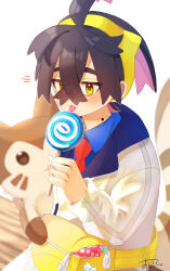 Rule 34 | 1boy, black hair, blue shirt, blush, candy, candy wrapper, collared shirt, colored inner hair, commentary request, creatures (company), crossed bangs, fanny pack, food, furret, game freak, gen 2 pokemon, hair between eyes, hairband, highres, holding, holding candy, holding food, holding lollipop, jacket, kieran (pokemon), lollipop, long sleeves, male focus, mole, mole on neck, multicolored hair, necktie, ninkou tan, nintendo, notice lines, pokemon, pokemon (creature), pokemon sv, red necktie, shirt, tongue, tongue out, white background, white jacket, yellow bag, yellow hairband